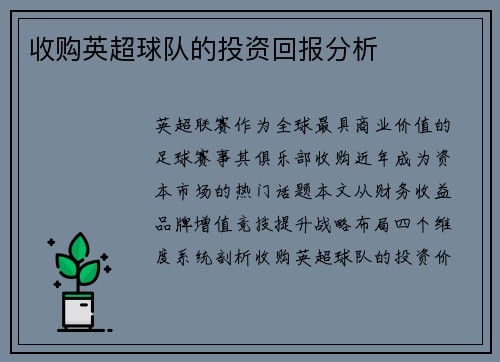 收购英超球队的投资回报分析